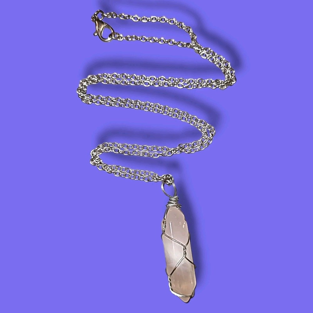 Wire Wrapped Rose Quartz Crystal Pendant‎ Necklace 20"